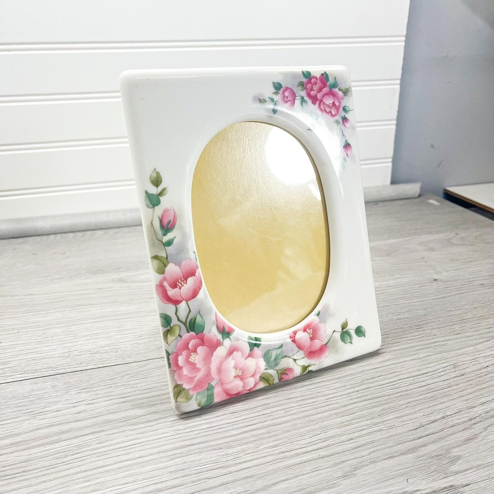 Vintage White Ceramic Picture Frame: Pink Floral Cottagecore Decor